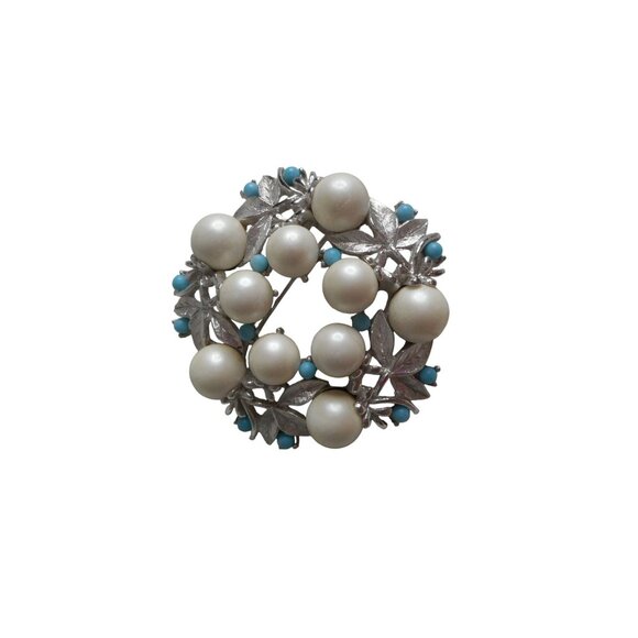 Vtg Estate Costume Sarah Coventry Pearl Silver Turquoise Brooch Pin Jewelry - Picture 1 of 2
